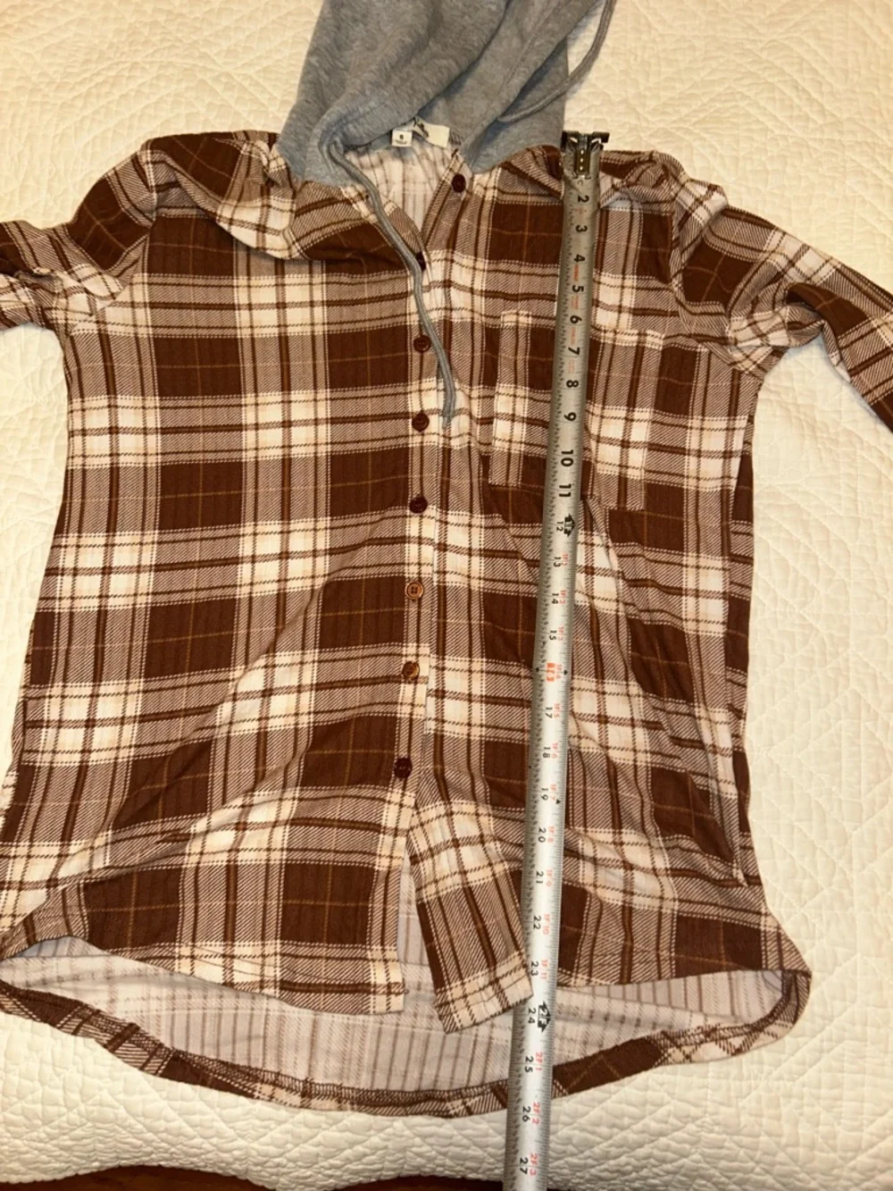 Women's Brown Plaid Hooded Button-Down Shirt - Picture 5 of 6